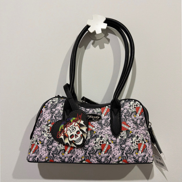 NEW Ed Hardy Tattoo Skull & Dagger Shoulder Bag – Black/Pink Print Halloween - Picture 2 of 6